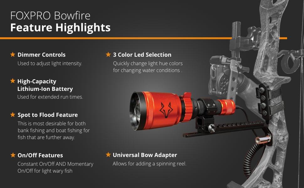 FOXPRO BowFire LED Bow Light for Bowfishing with 3 Light Settings Cool White, Middle and Warm White